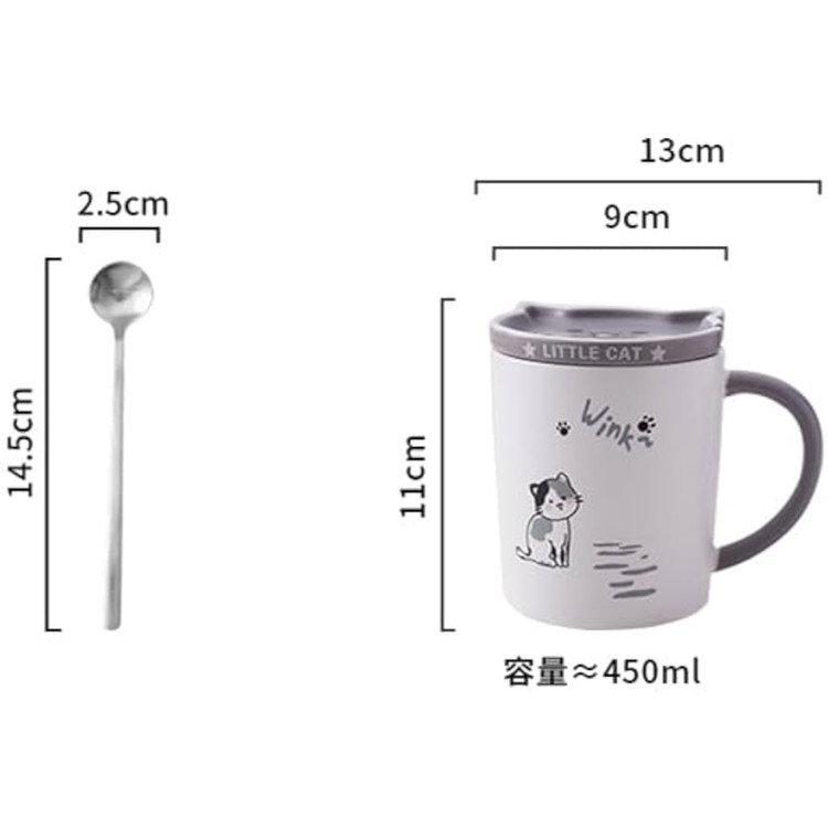 عکس صنعتی ماگ گربه نعلبکی دار به همراه قاشق و ابعاد محصول