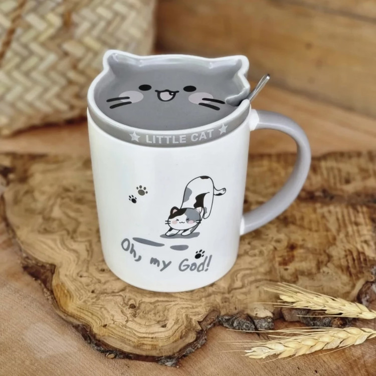 ماگ گربه نعلبکی دار به همراه قاشق رو چوب