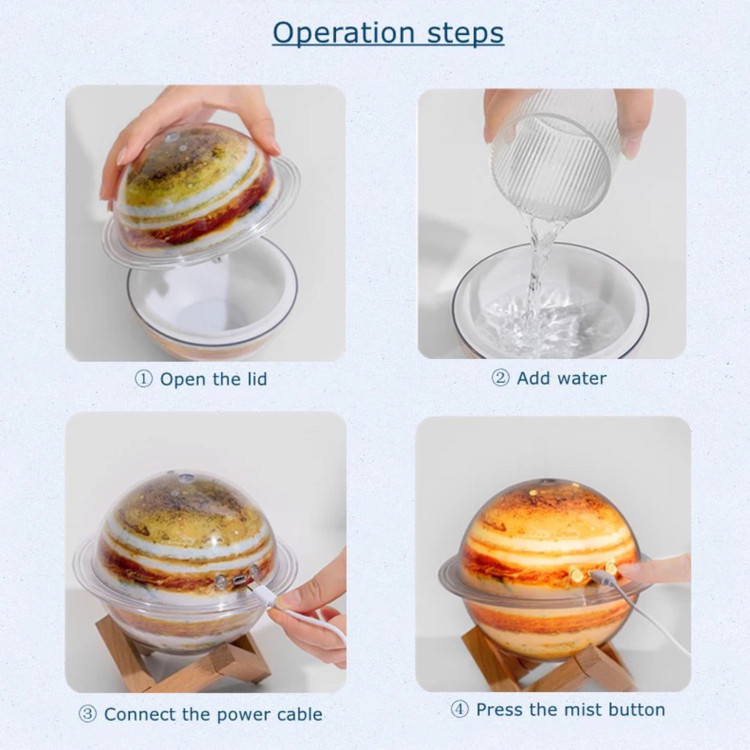 عکس صنعتی از بخورسرد و شب خواب کرهزمین پایه چوبی و نحوه ی باز و بسته کردن محصول و آب ریختن برای بخور سرد و وصل کردن آن به کابل برق از نمای رو به رو