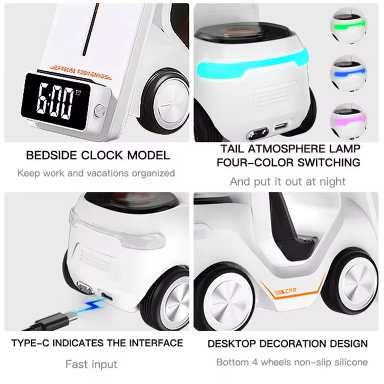 شارژر وایرلس ۵ کاره مدل T20رنگ سفید از چهار جهت نمایش ساعت LED ورودی کابل برق و نور LED در پشت محصول