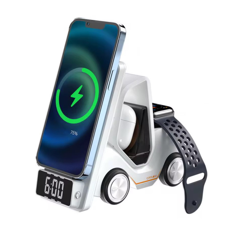 شارژر وایرلس ۵ کاره مدل T20رنگ سفید با پشت زمینه ی سفید از نمای بغل در حال شارژ گوشی ساعت هوشمند و ایرپاد