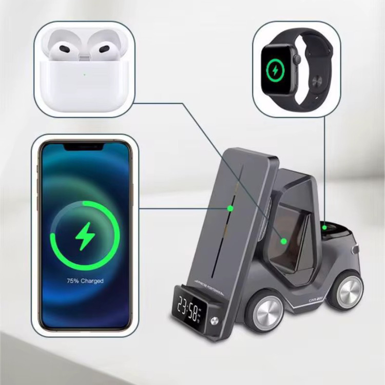 شارژر وایرلس ۵ کاره مدل T20رنگ طوسی با پشت زمینه ی سفید از نمای بغل در حال نشان دادن جایگاه شارژ برای موبایل و ایرپاد و ساعت هوشمند