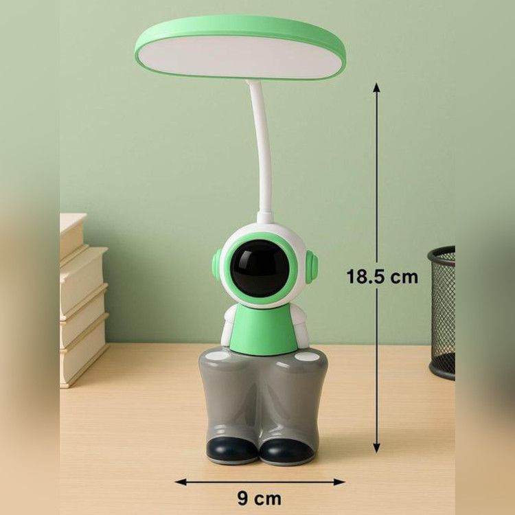چراغ مطالعه رو میزی ۳ کاره مدل فضانورد رنگ سبز در حال نشان دادن ابعاد طول و عرض
