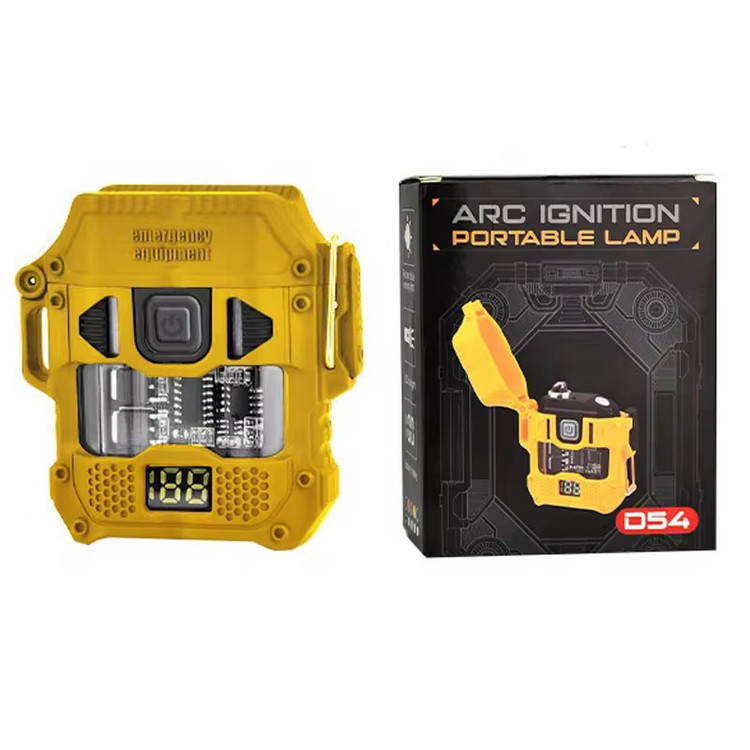 فندک پلاسمایی چراغ قوه دار مدل D54 رنگ زرد در کنار جعبه
