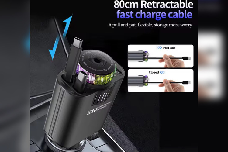 شارژر فندکی هوشمند ، دارای کابل های جمع شونده ی لایتنینگ و تایپ سی