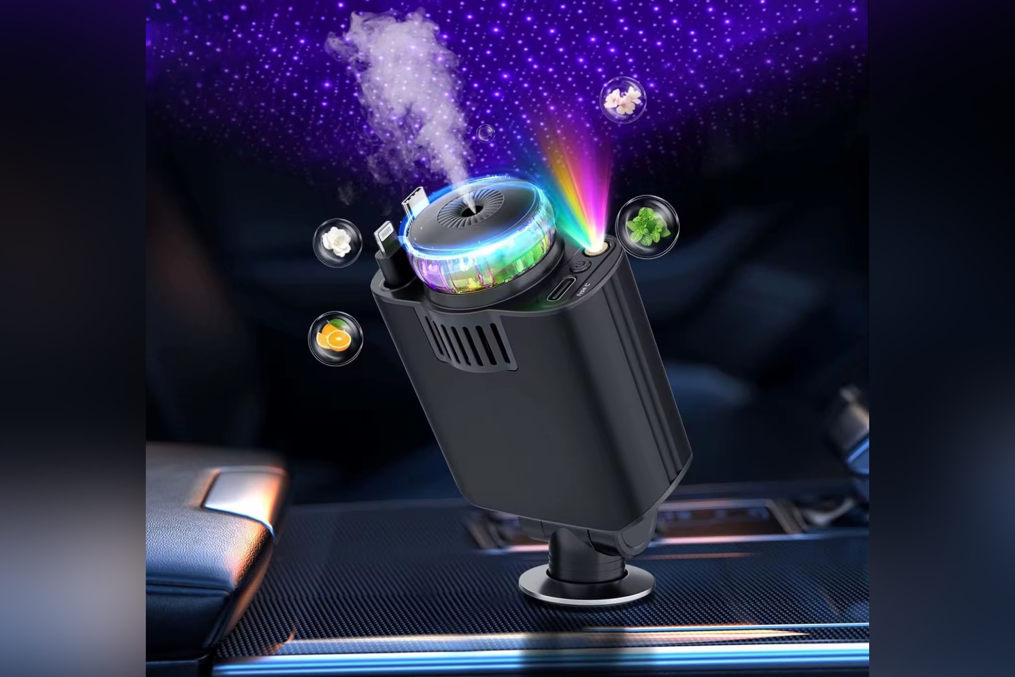 عملکرد ۵ در ۱ ، شارژر - بخور - نور RGB - نور لیزری - خوشبو کننده - کابل های جمع شونده - خروجی USB - C