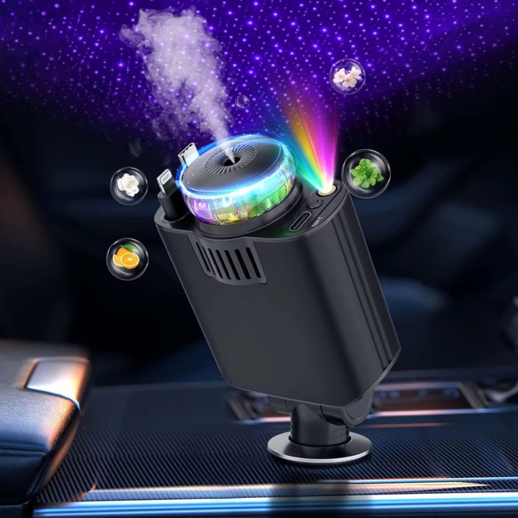 عملکرد ۵ در ۱ ، شارژر - بخور - نور RGB - نور لیزری - خوشبو کننده - کابل های جمع شونده - خروجی USB - C